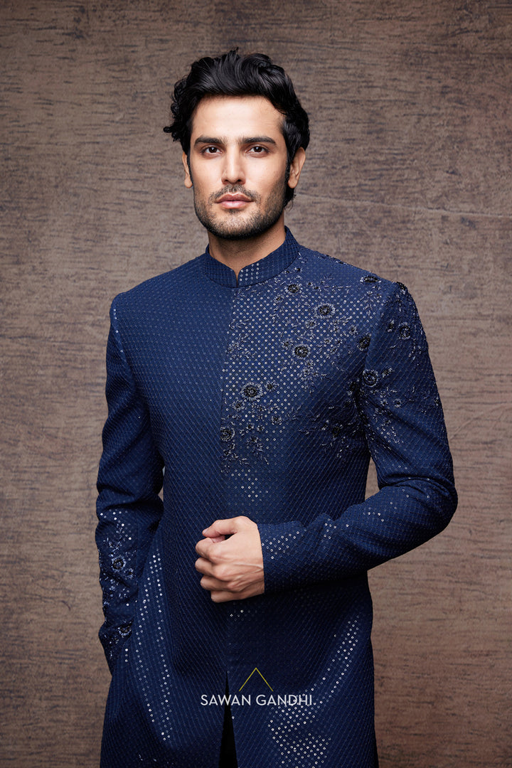 Blue sequin sherwani with cutdana detailing