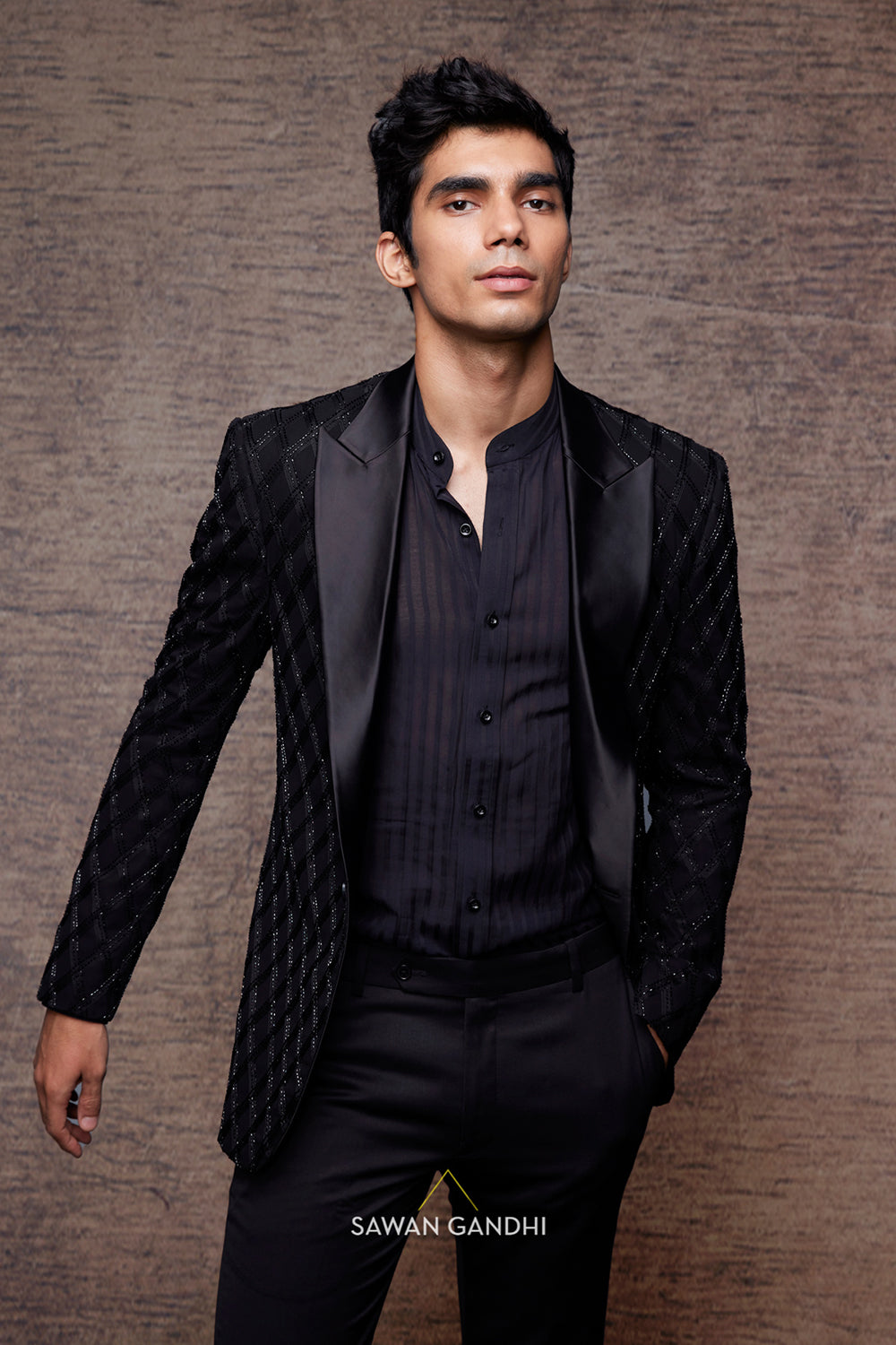 Black tuxedo with thread and cutdana work