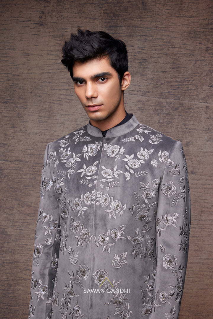 Grey velvet resham work sherwani