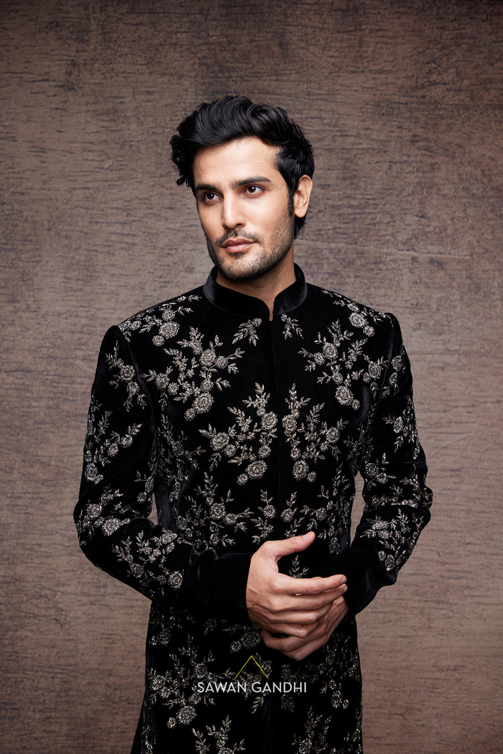 Black velvet sherwani with cutdana work