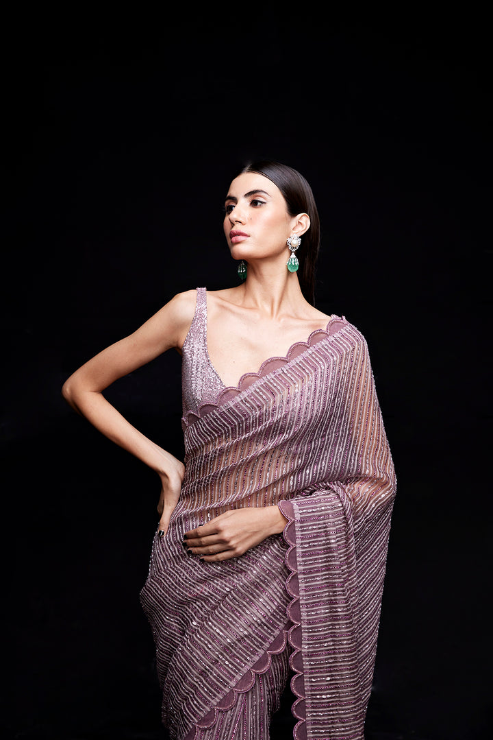 Old rose pink sequin work saree