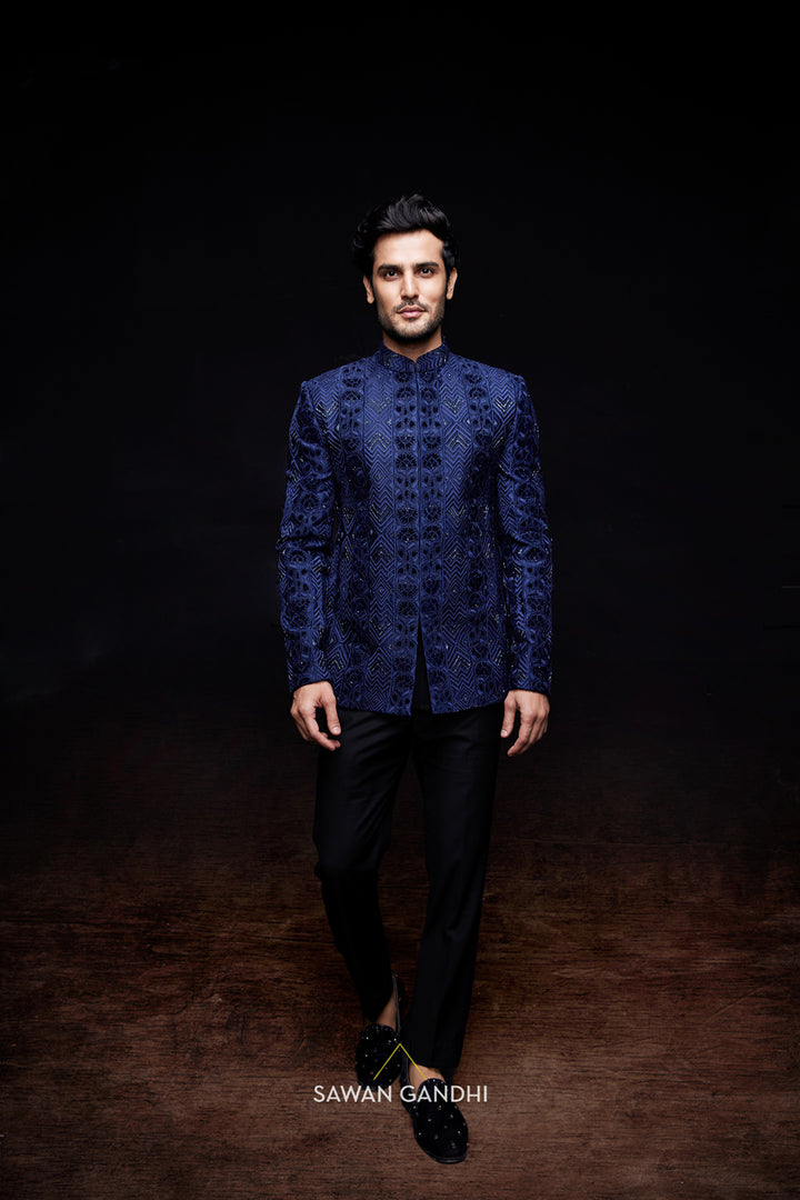 Blue bandhgala with thread and applique work