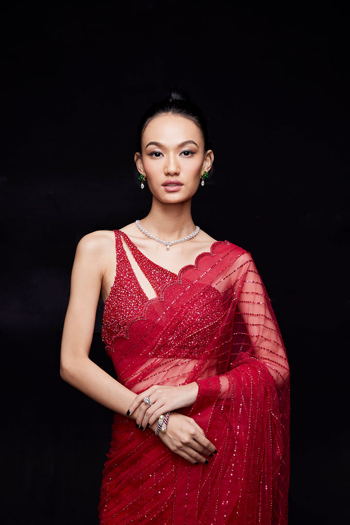 Red saree with crystal work