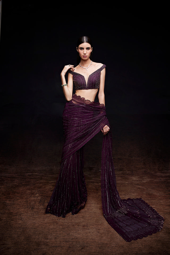 Wine saree with crystal work