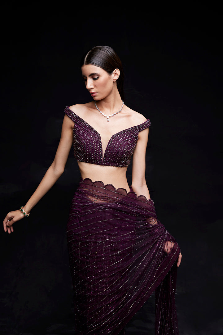 Wine saree with crystal work