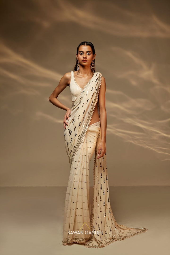 Ivory coin mukaish work saree set