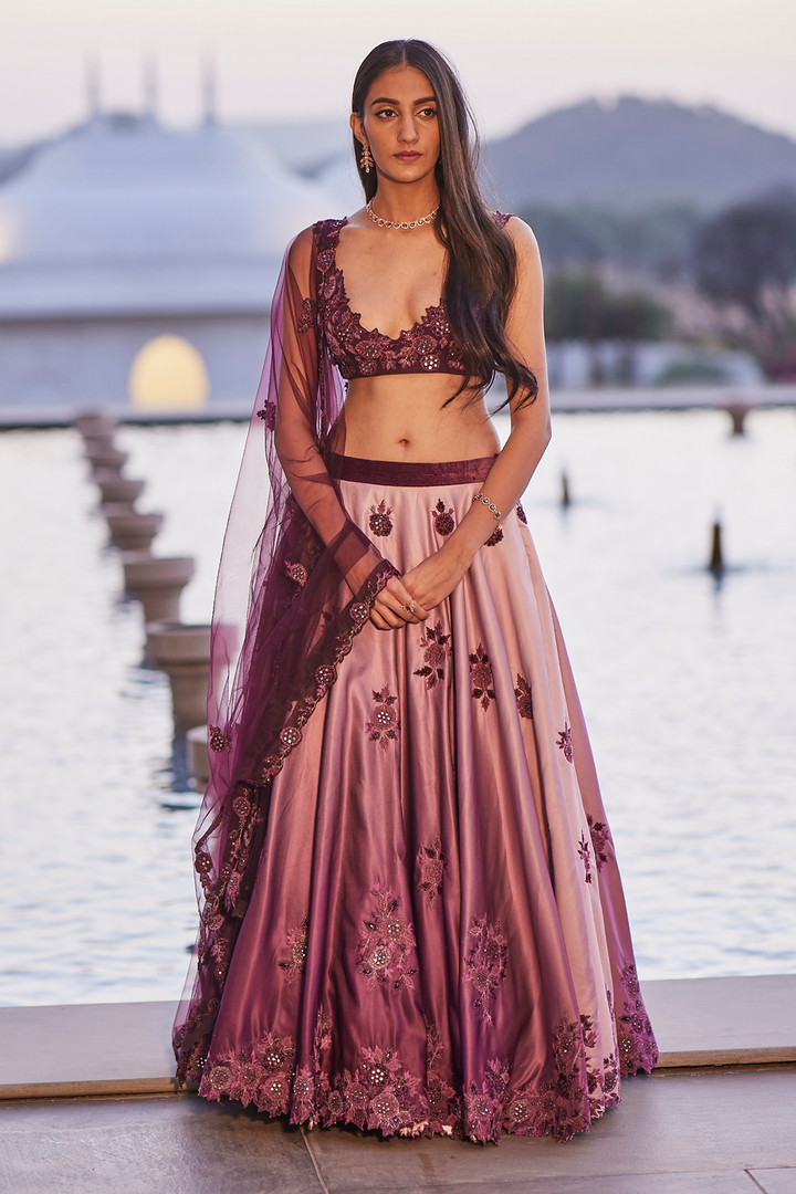 Ombre Applique Wine Lehanga