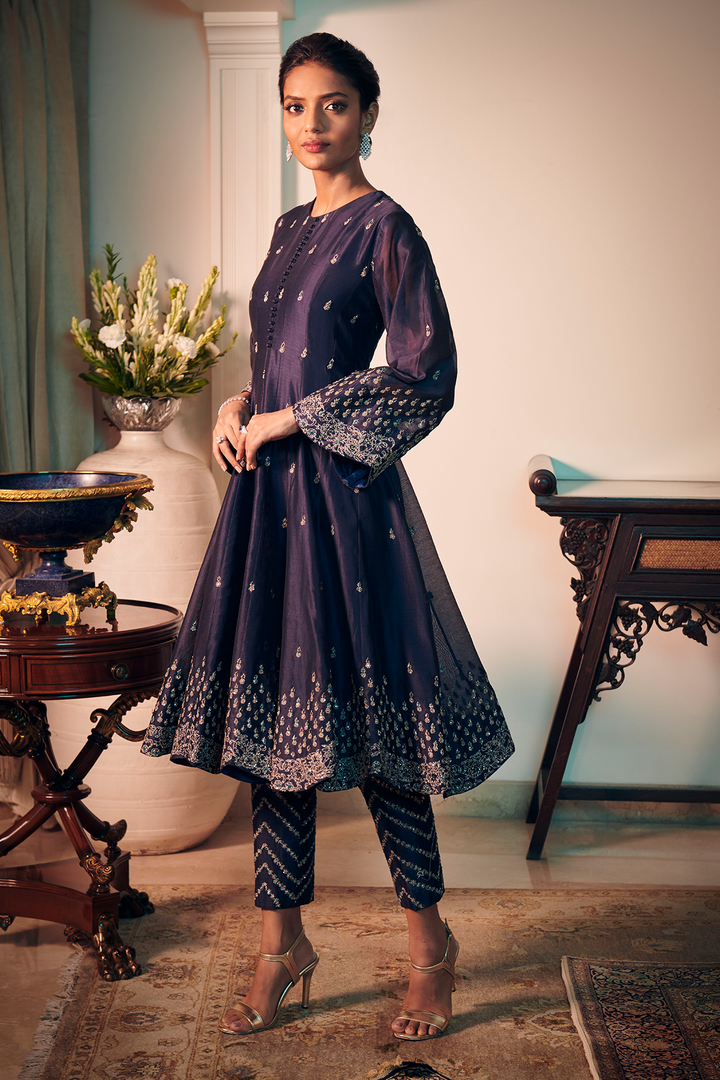 SUNEHRI Navy Blue Short Anarkali & Pants