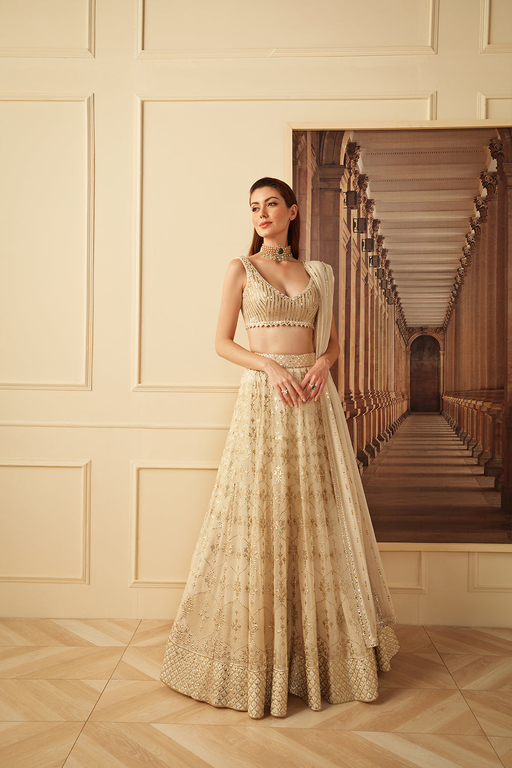 Ivory and gold badala work lehenga set