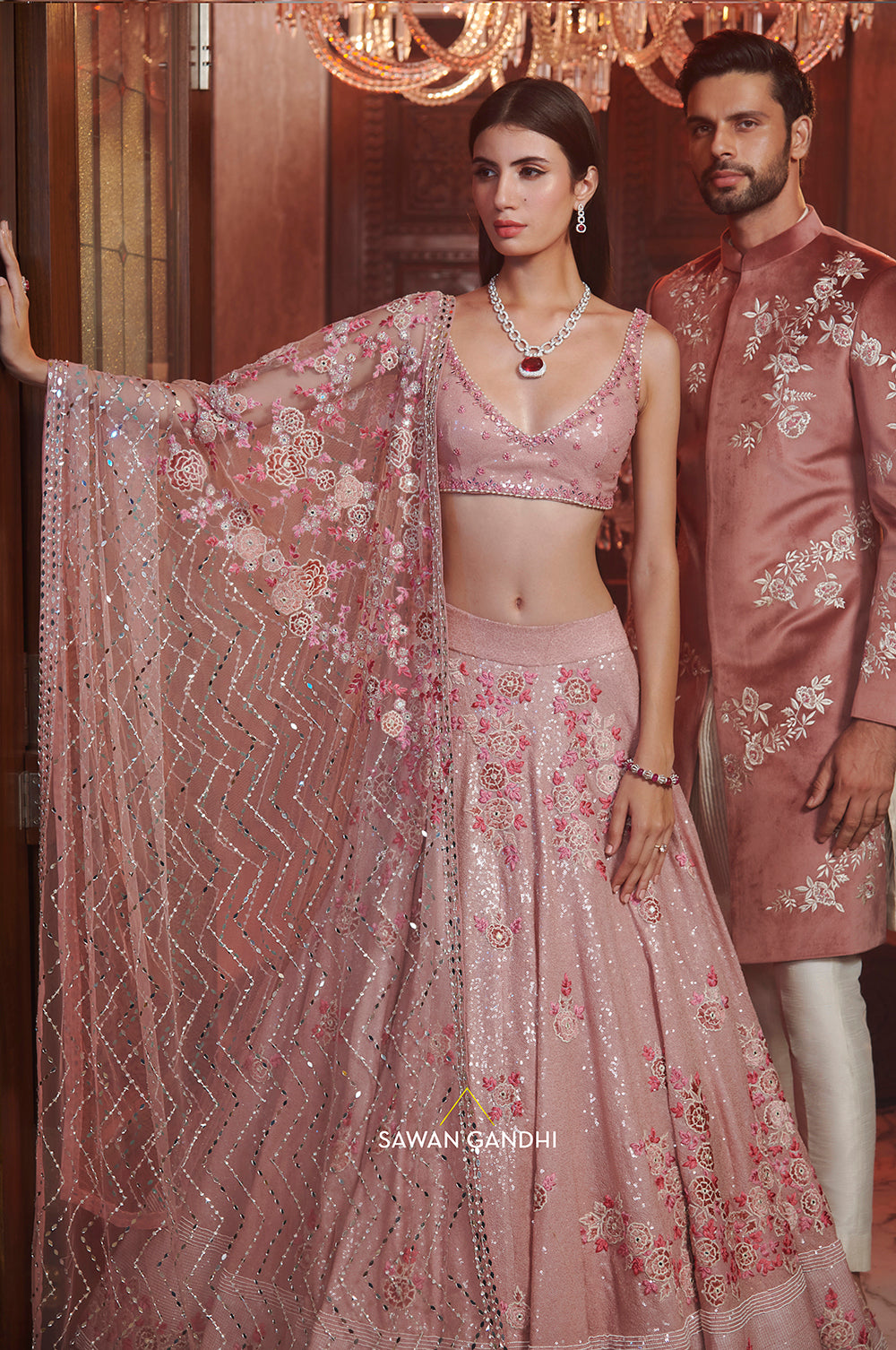 Rose pink sequins lehenga