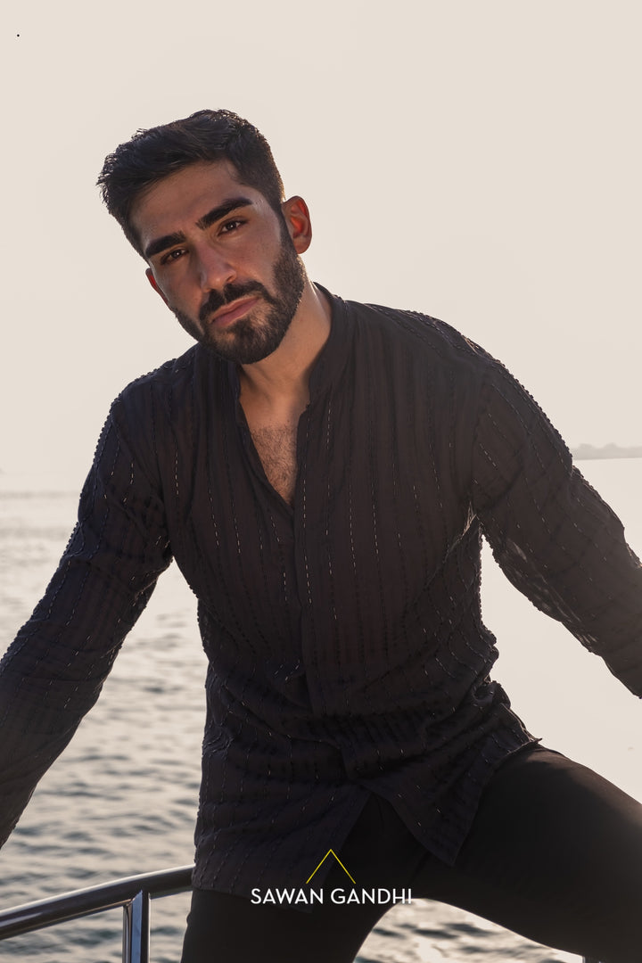 Black cutdana lines shirt