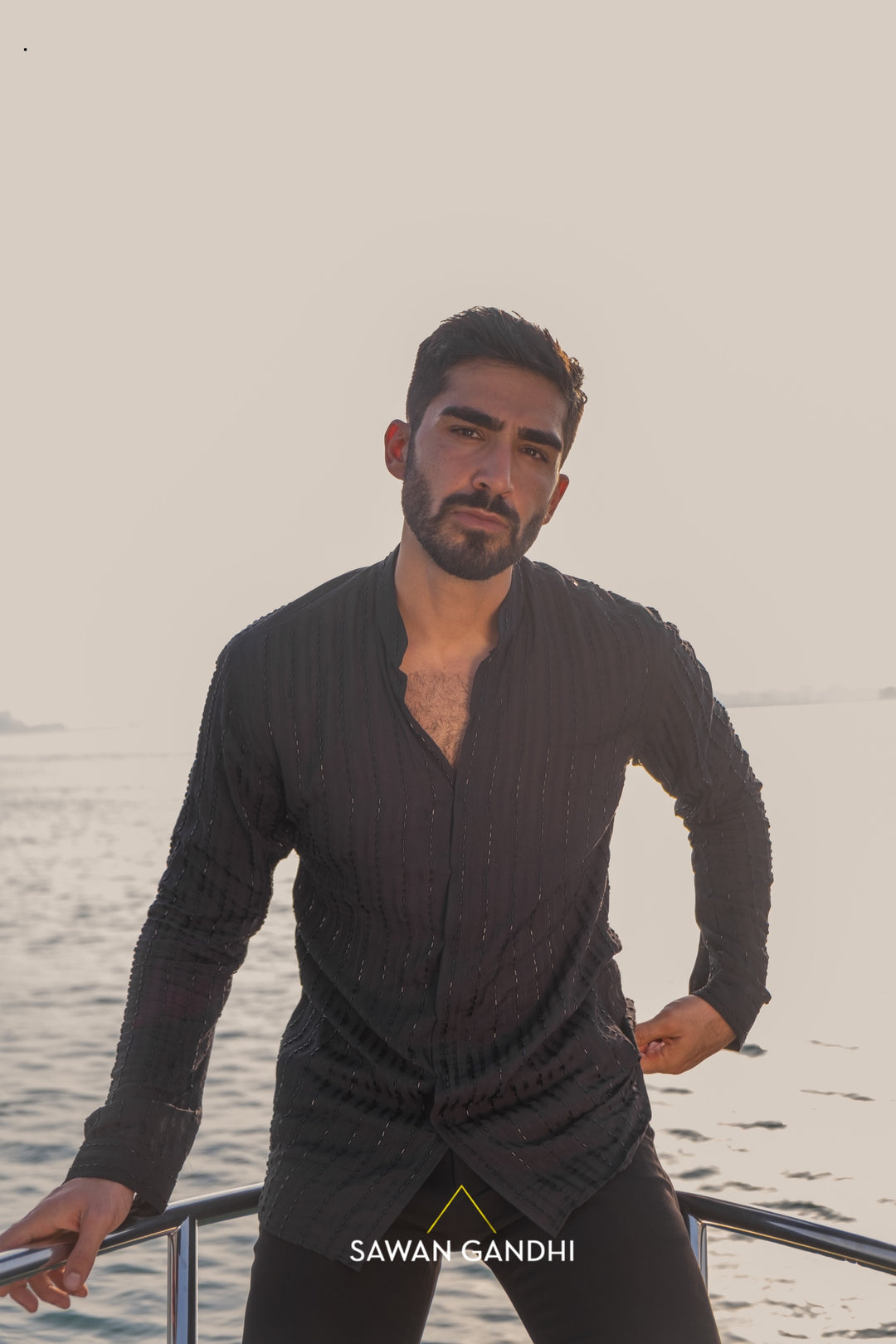 Black cutdana lines shirt