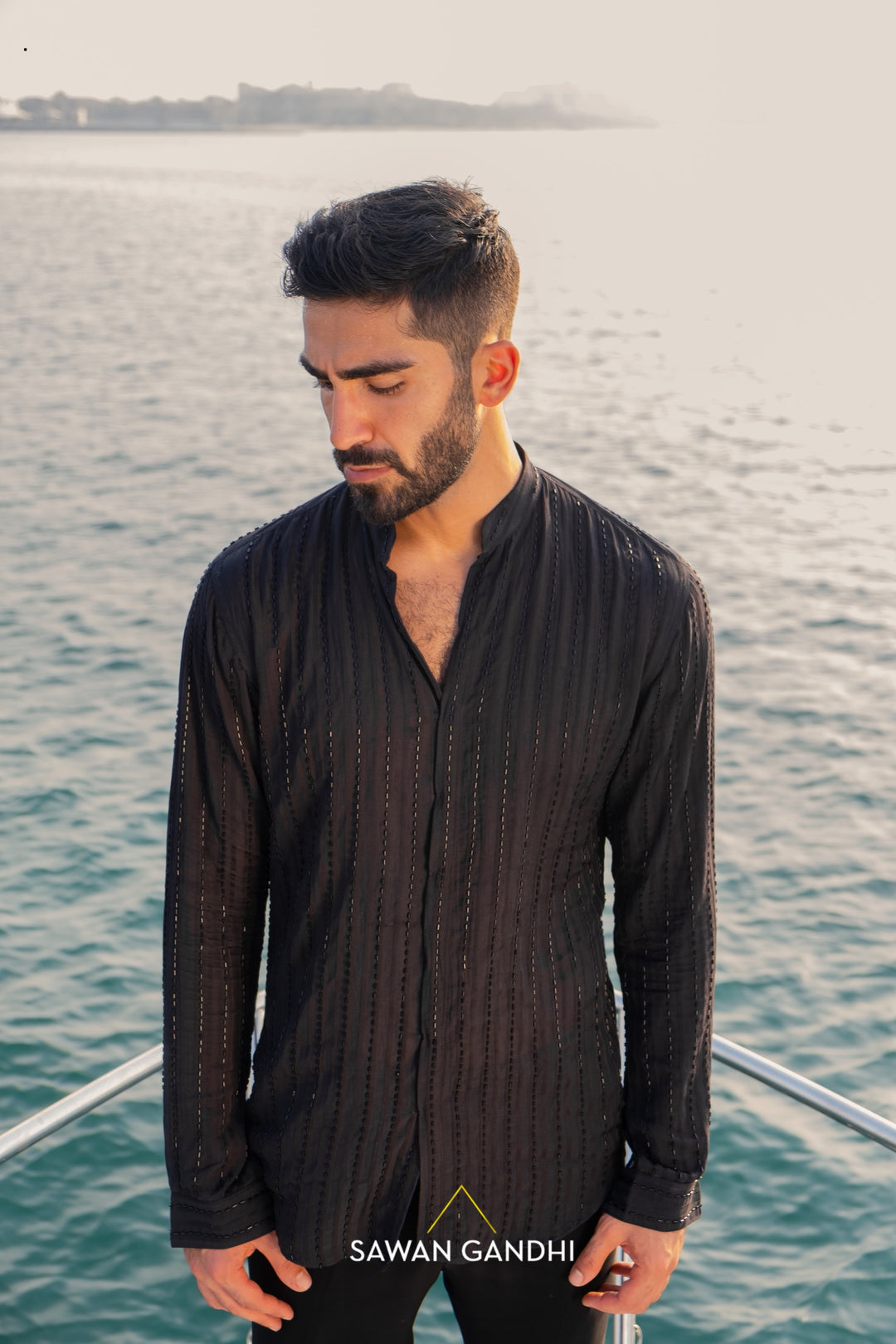 Black cutdana lines shirt