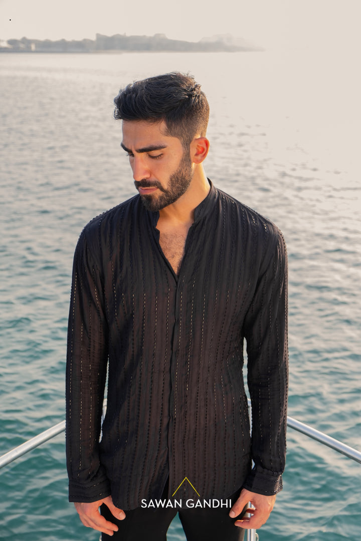 Black cutdana lines shirt