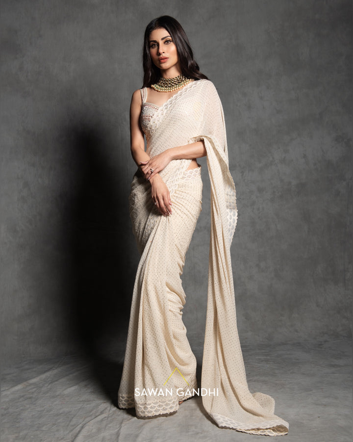 Mouni Roy in Ivory mukaish work saree