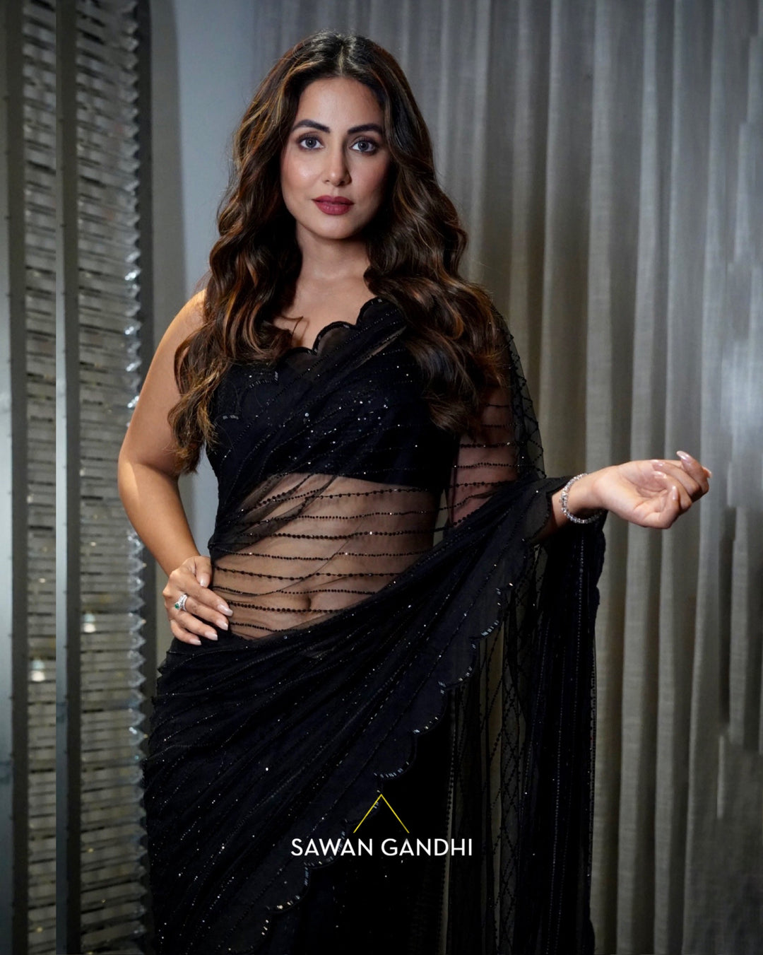 Hina Khan in Black crystal saree set