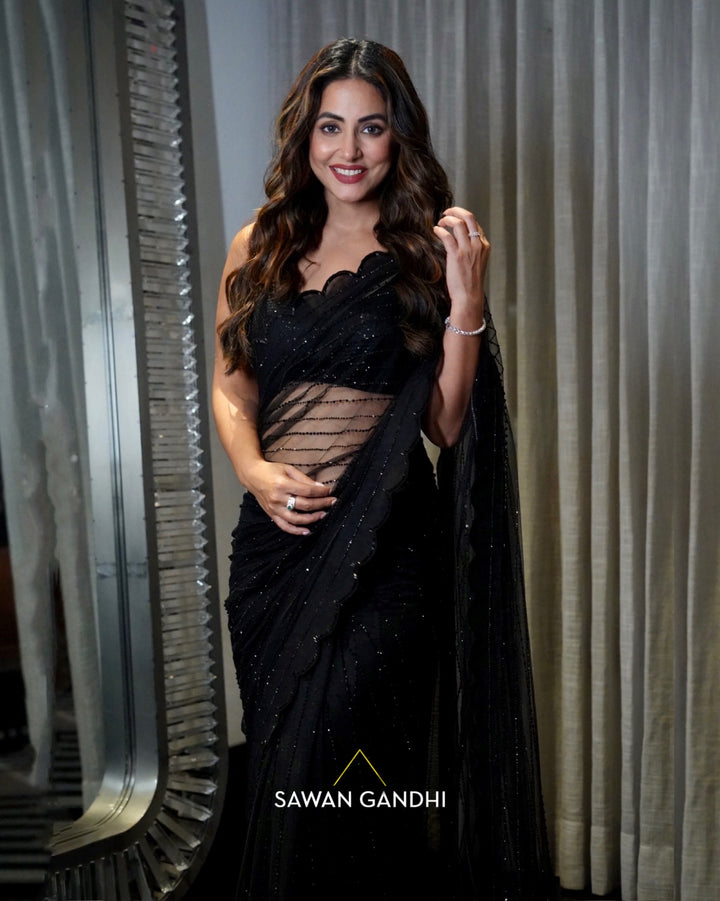 Hina Khan in Black crystal saree set