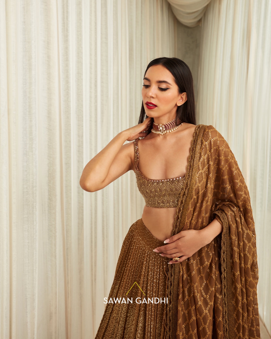 Coffee gold sequins lehnga set