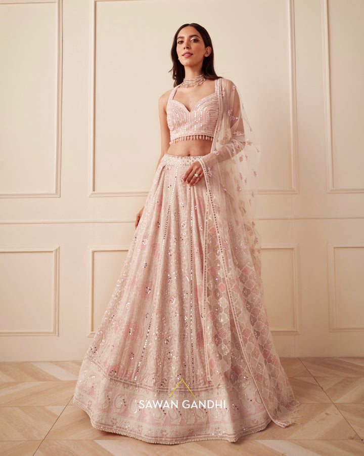 Ivory Chikankari lehgna with pink thread work
