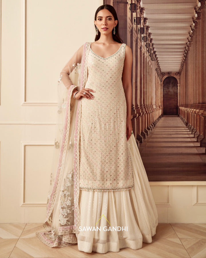 Ivory chikankari multicolour sequins suit set