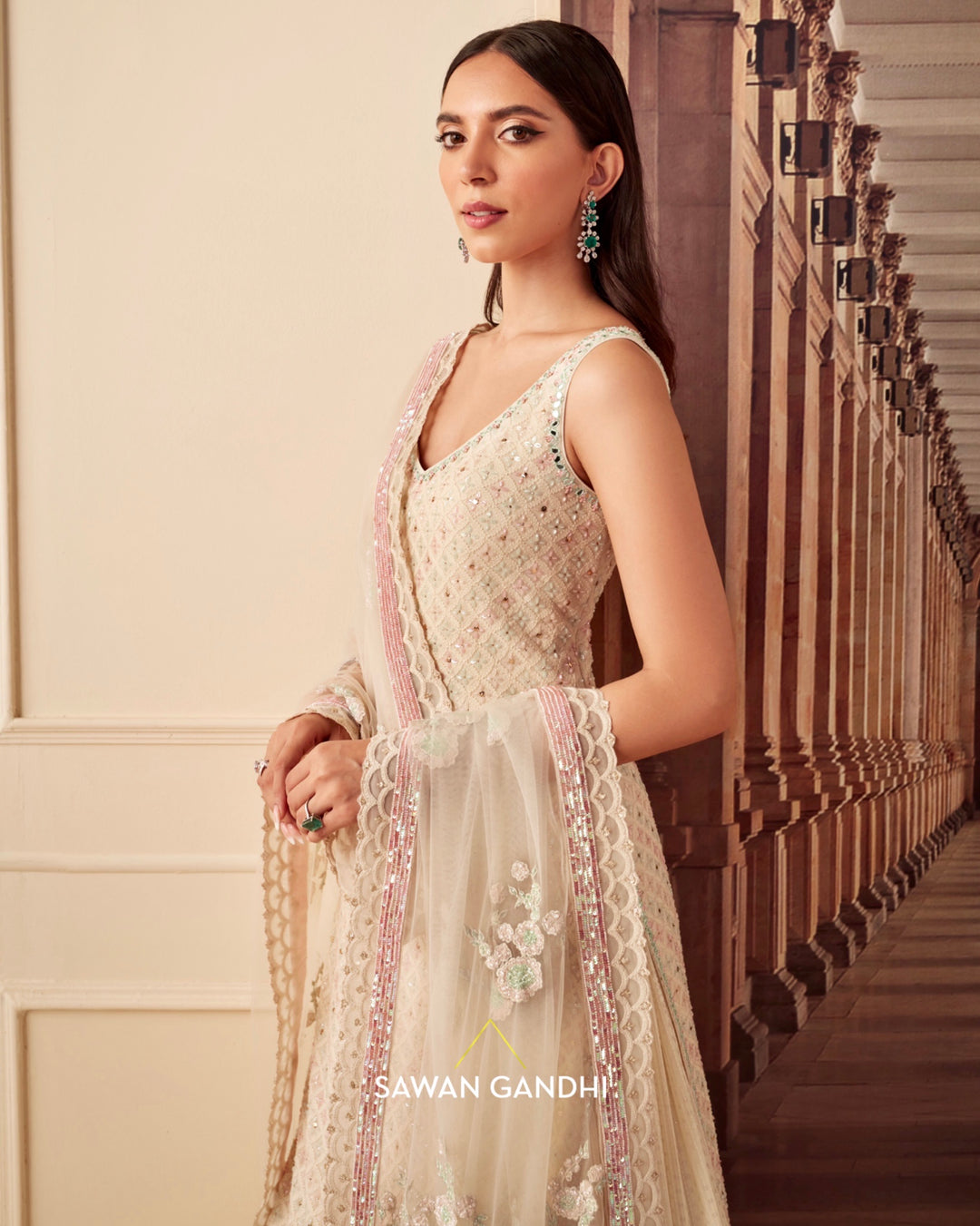 Ivory chikankari multicolour sequins suit set