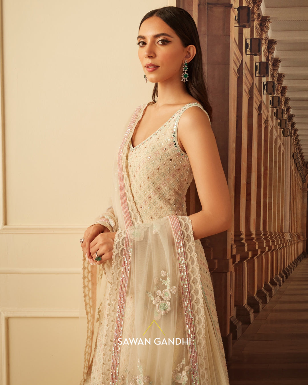 Ivory chikankari multicolour sequins suit set