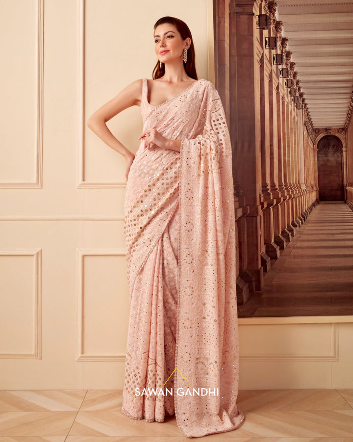 Blush pink Chikankari saree set