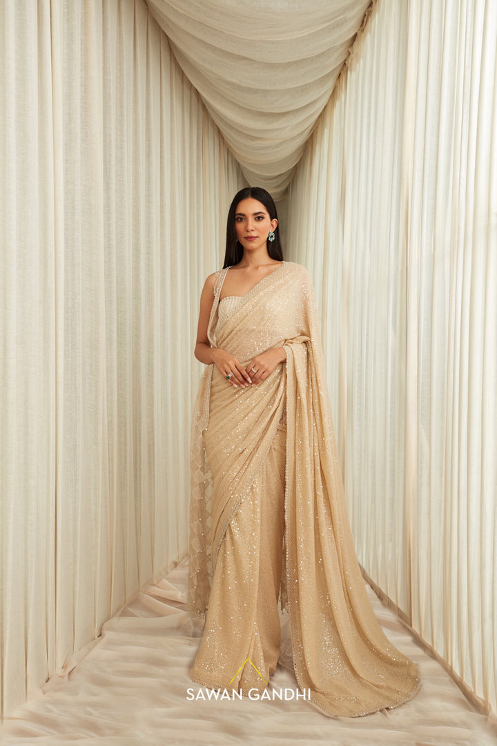 Beige ombré transparent sequins work saree with cape