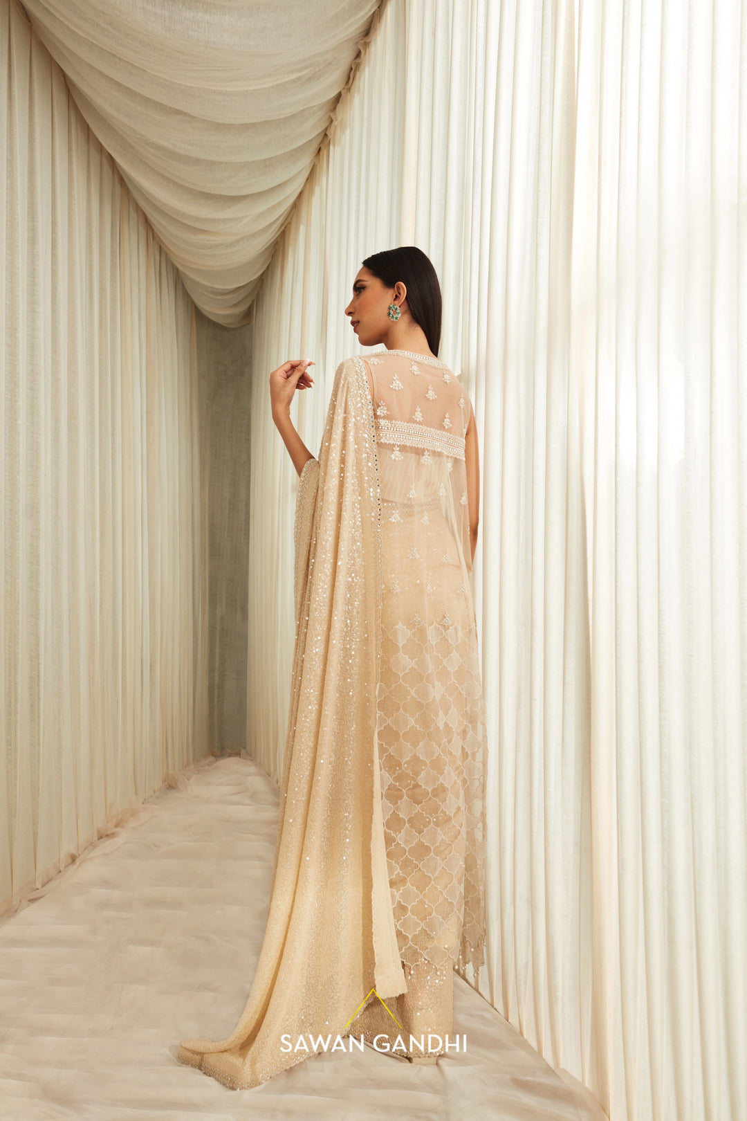 Beige ombré transparent sequins work saree with cape