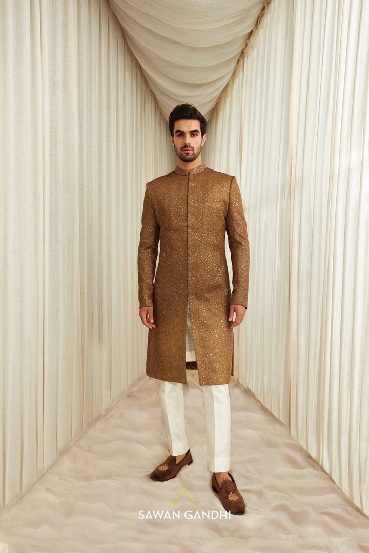 Coffee Golden Sequins Sherwani