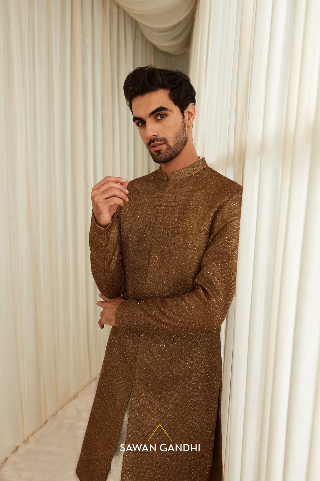 Coffee Golden Sequins Sherwani