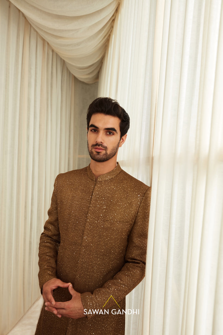 Coffee Golden Sequins Sherwani