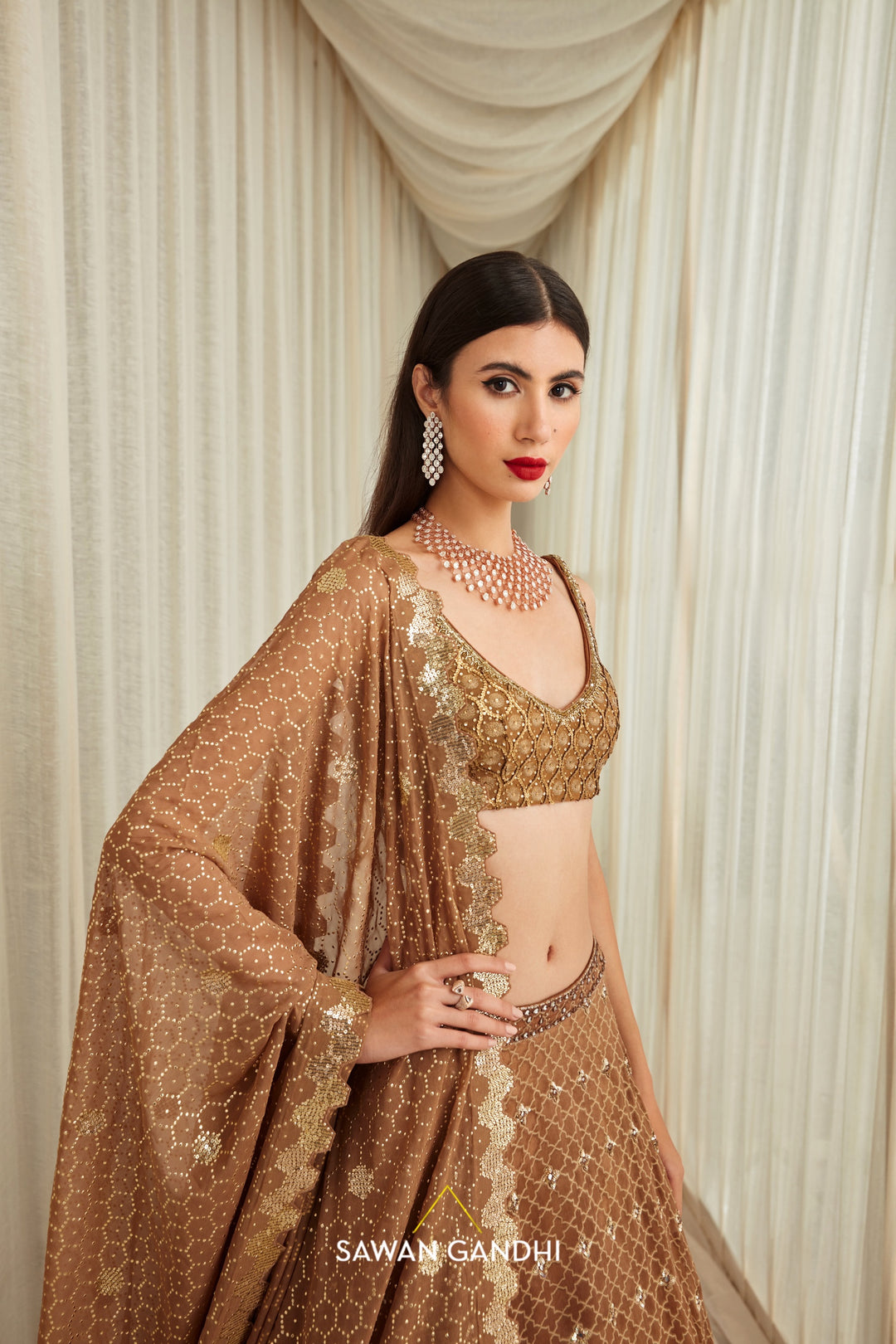 Oxidised gold rombus pattern sequins and mirror work  lehnga set