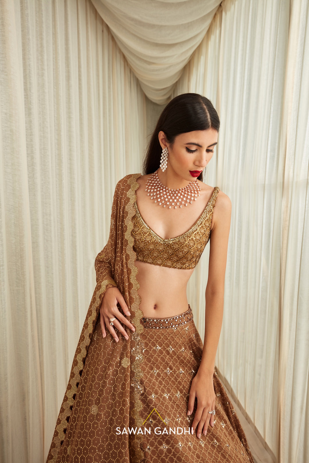 Oxidised gold rombus pattern sequins and mirror work  lehnga set