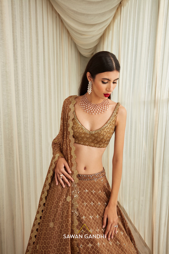 Oxidised gold rombus pattern sequins and mirror work  lehnga set