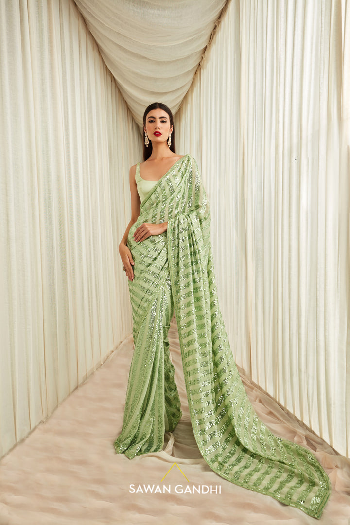 Pistachio green vertical sequins saree