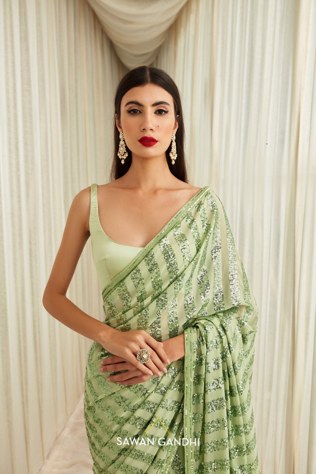 Pistachio green vertical sequins saree