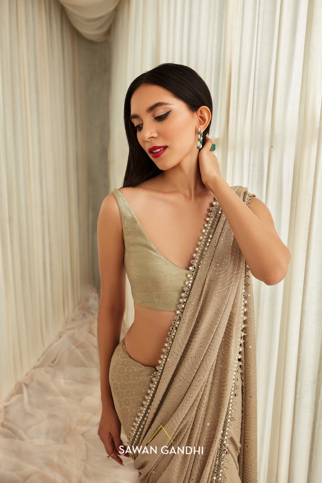 Pistachio cloud pattern mukaish work saree set