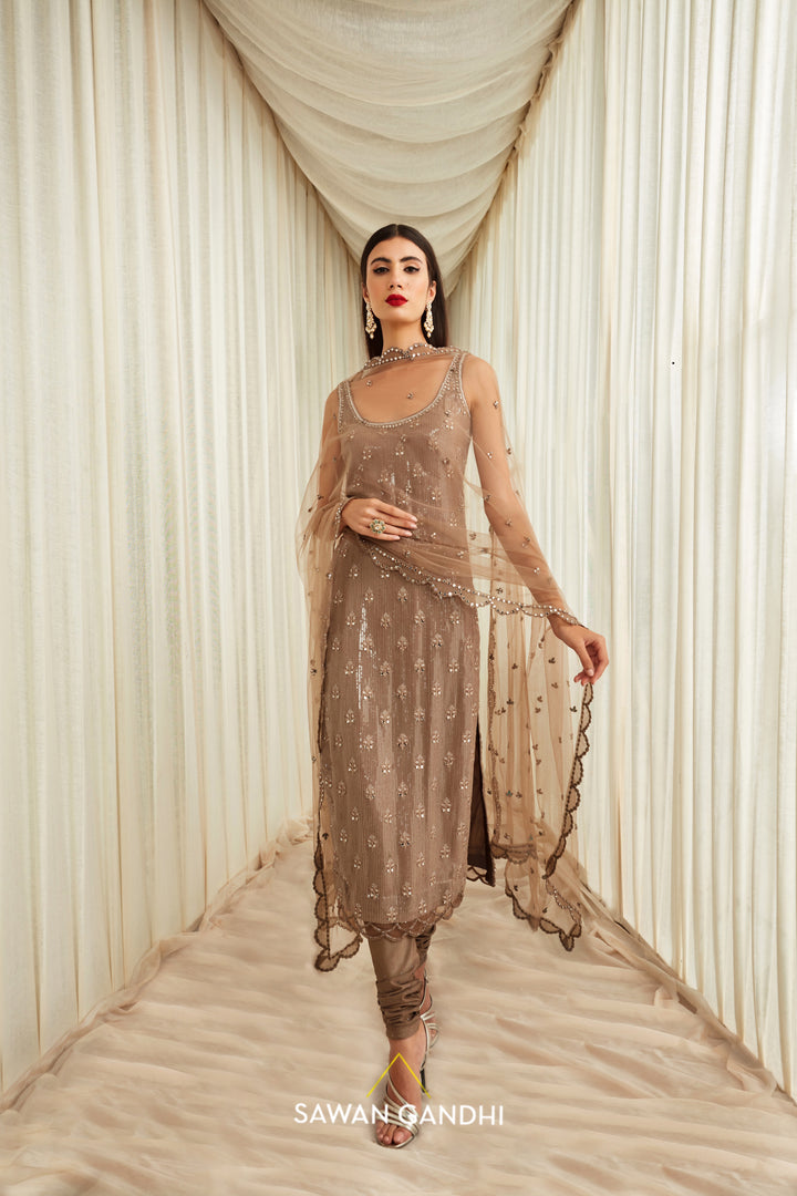 Taupe sequins and mirror work suit set