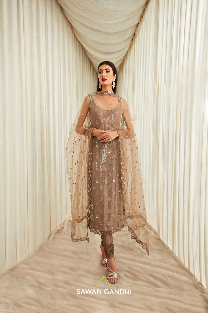 Taupe sequins and mirror work suit set