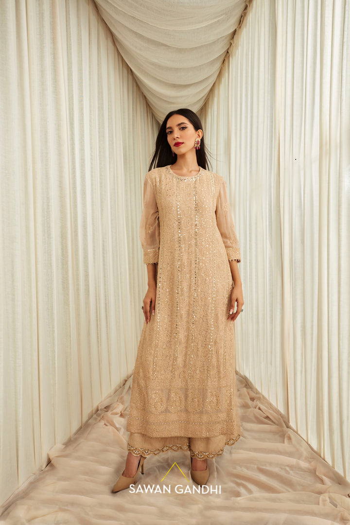 Beige golden Chikankari suit set