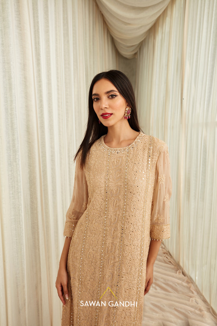 Beige golden Chikankari suit set