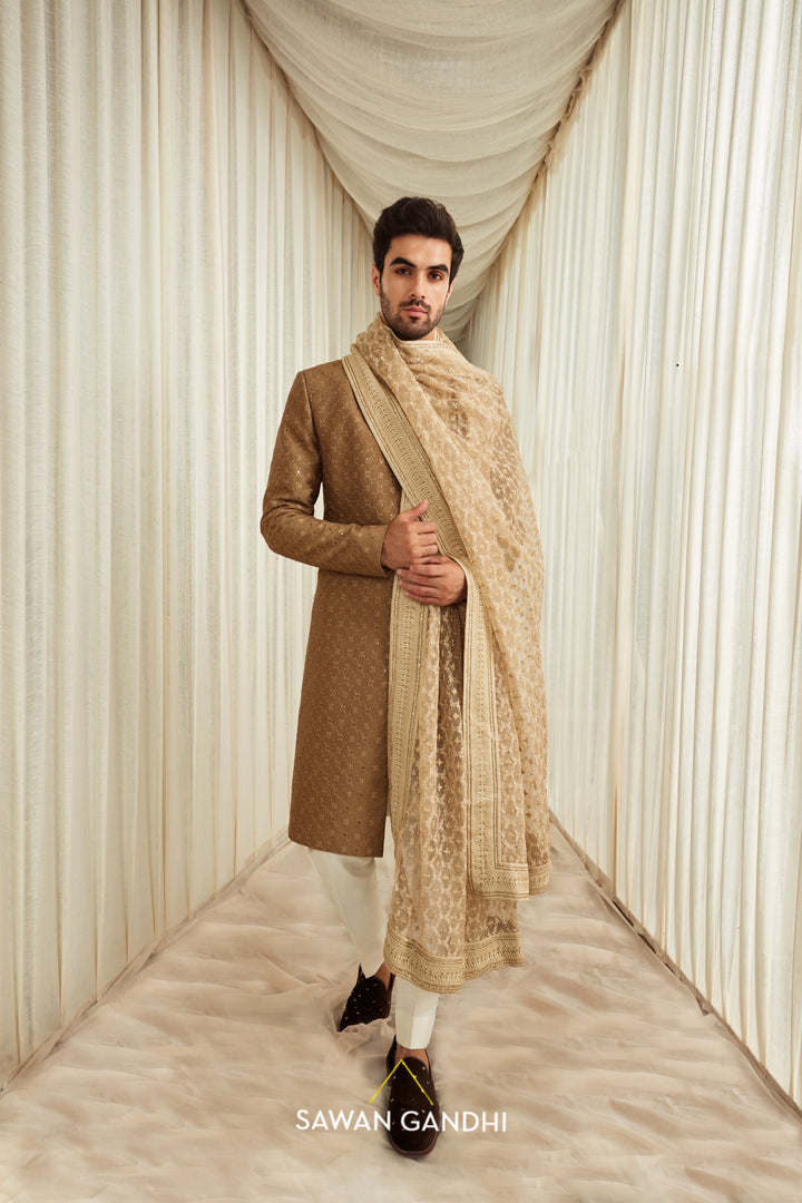 Coffee gold self work sherwani