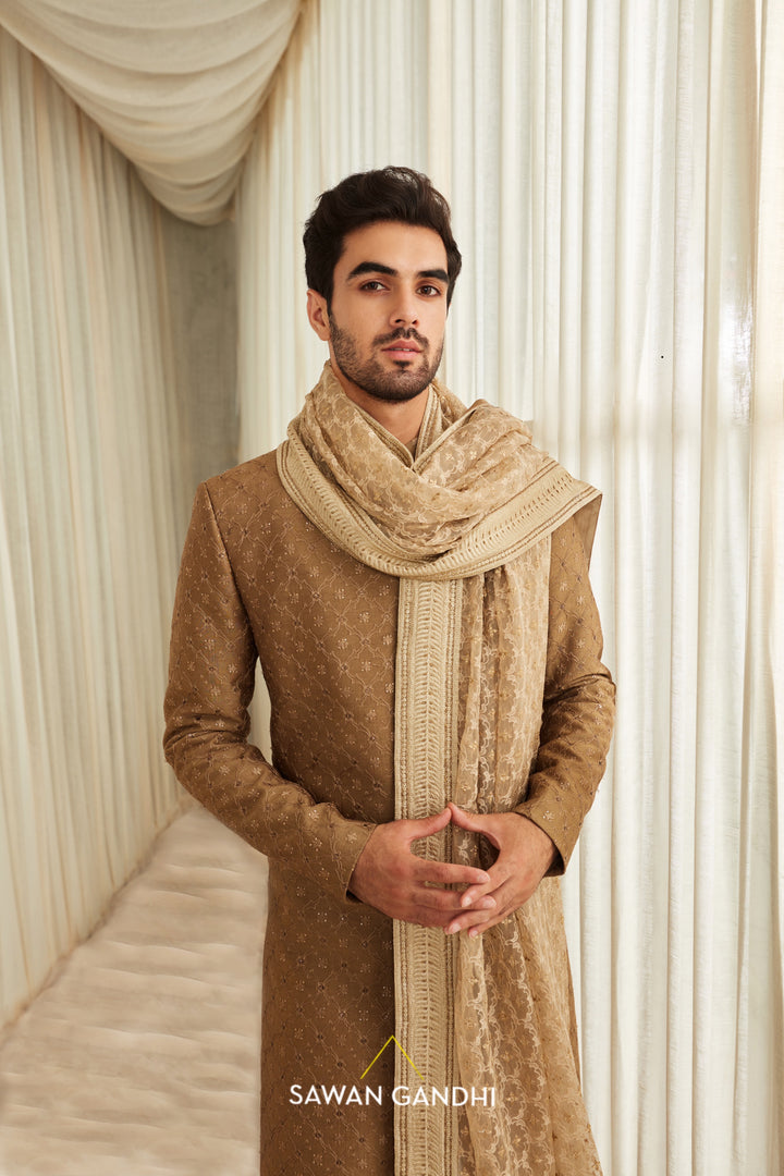 Coffee gold self work sherwani