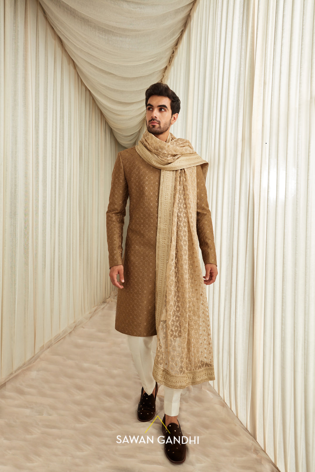 Coffee gold self work sherwani