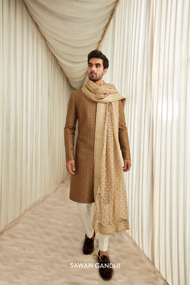 Coffee gold self work sherwani