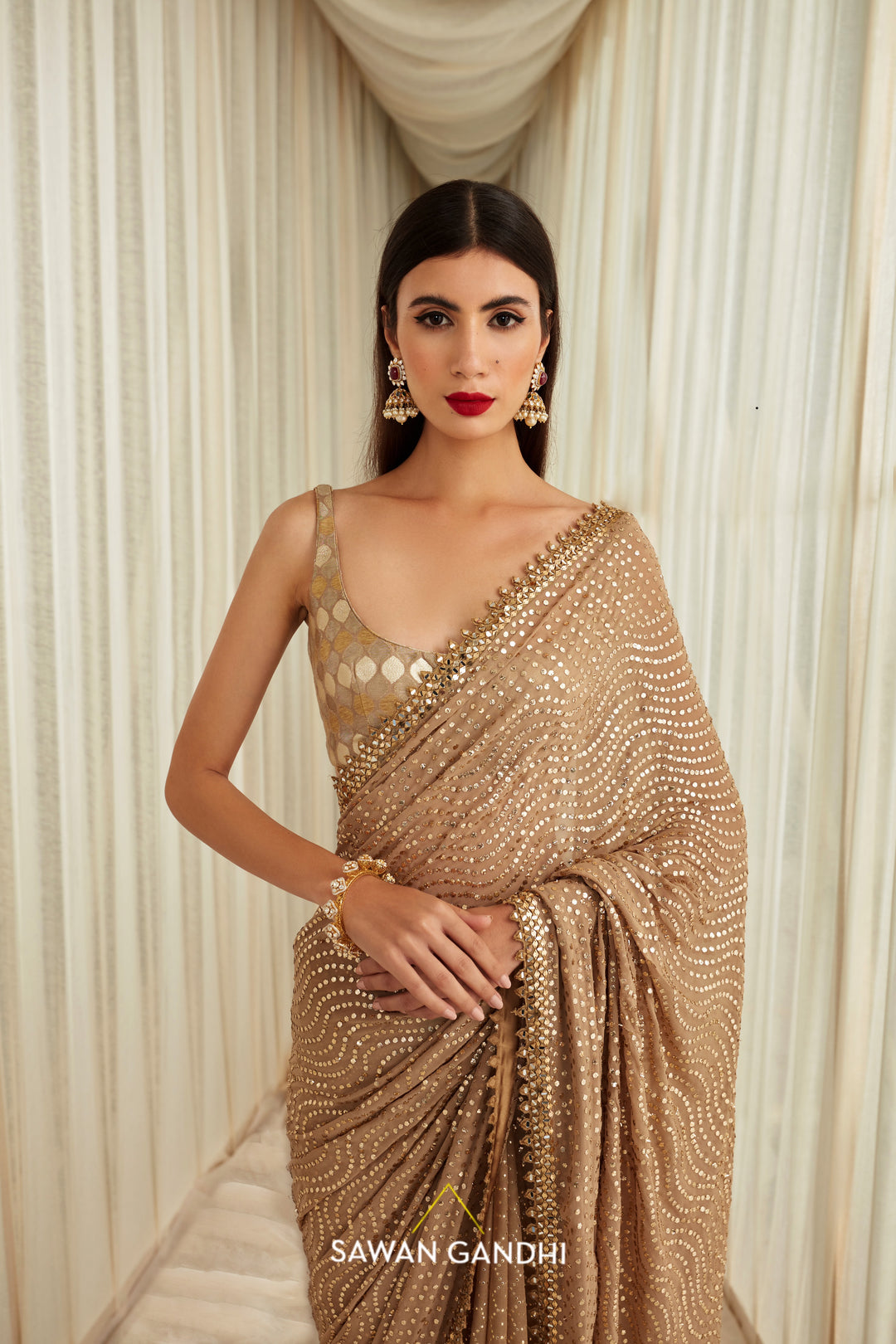Golden mukaish saree set