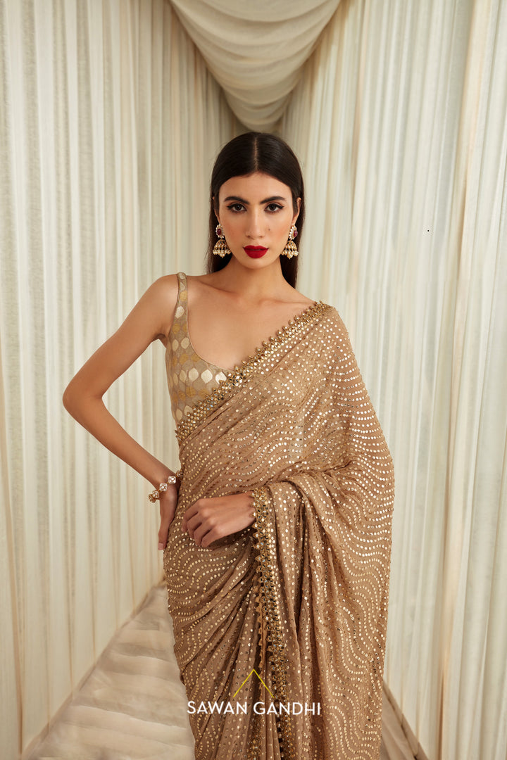 Golden mukaish saree set