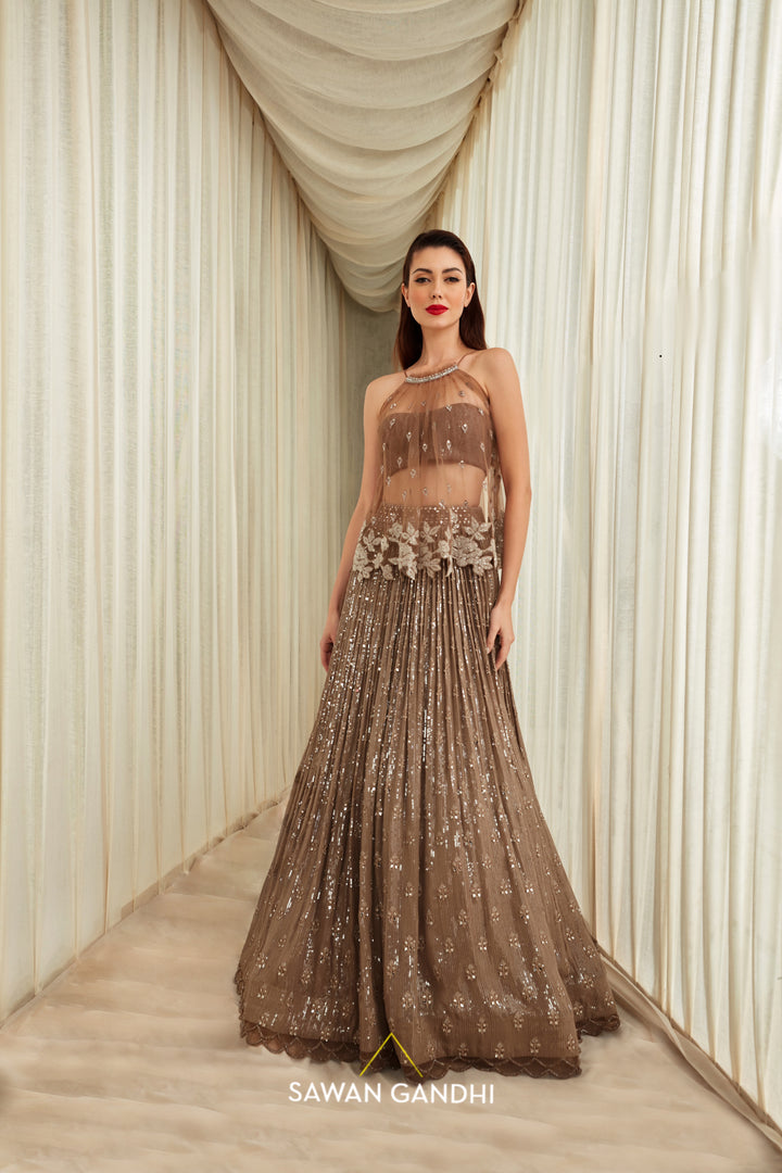 Taupe sequins lehnga with cape