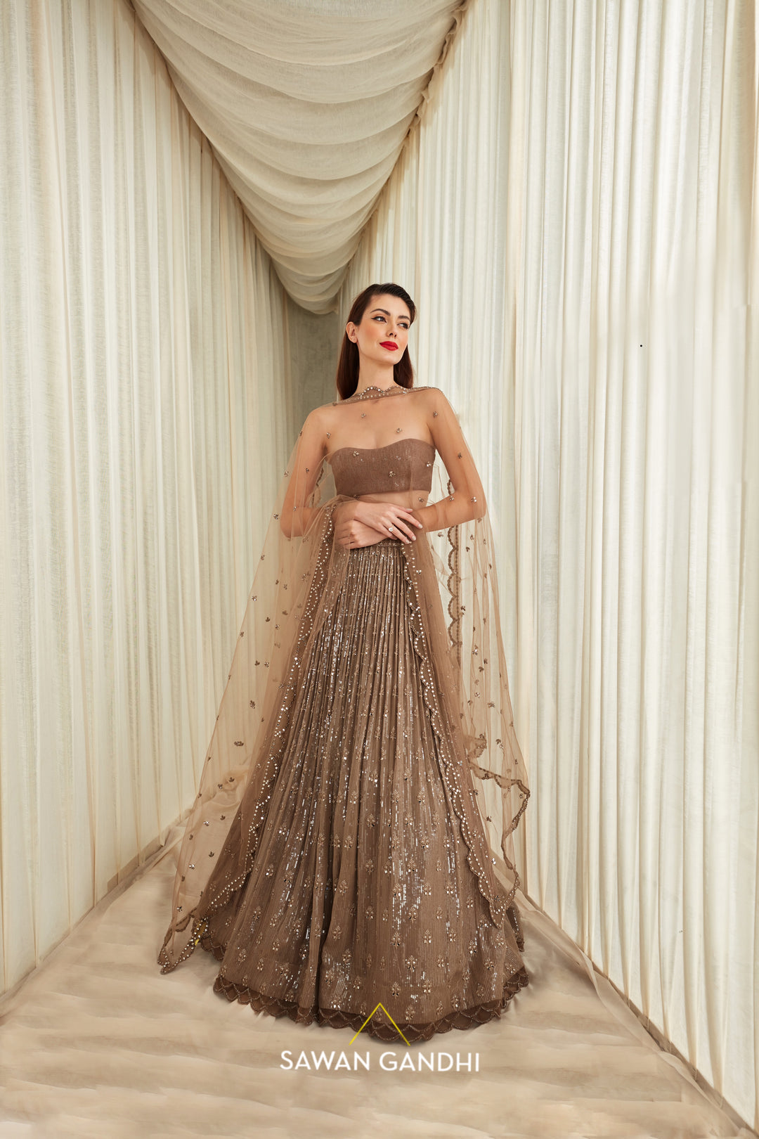 Taupe sequins and mirror floral booti work lehnga set